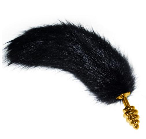 Золотистая рельефная анальная пробка с черным хвостиком