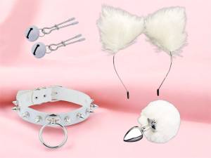 БДСМ набор меховой белый с анальной пробкой 