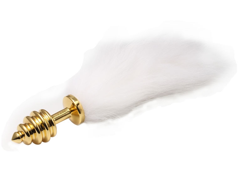 Рельефная анальная пробка с белым хвостиком Gold