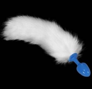 Голубая анальная пробка с белым хвостом 
