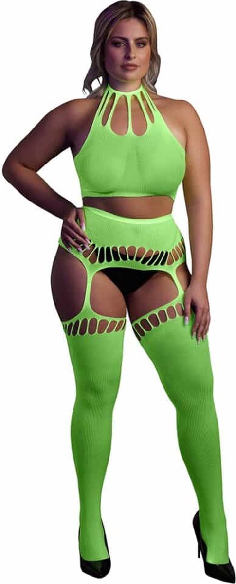 Cекси комплект с чулками Neon Green XL/XXXXL