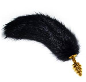 Золотистая рельефная анальная пробка с черным хвостиком 