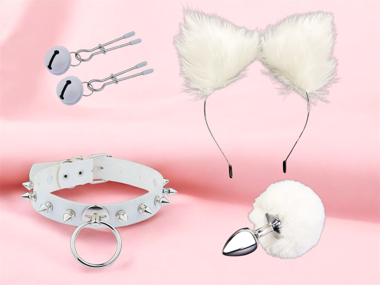 БДСМ набор меховой белый с анальной пробкой