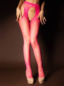 Розовые открытые колготки со стразами 