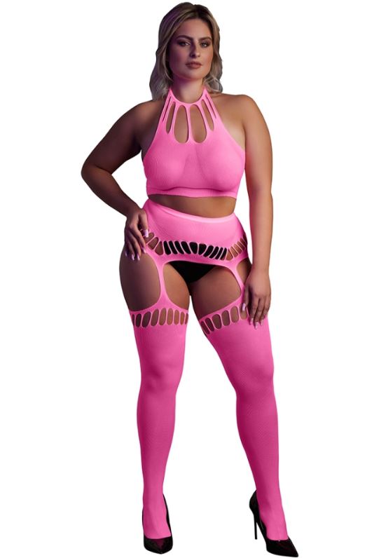 Cекси комплект с чулками Neon Pink XL/XXXXL
